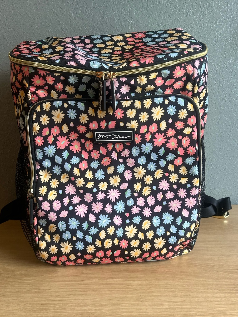 Betsey Johnson Black Multi Floral Daisy Print Insulated Cooler Backpack